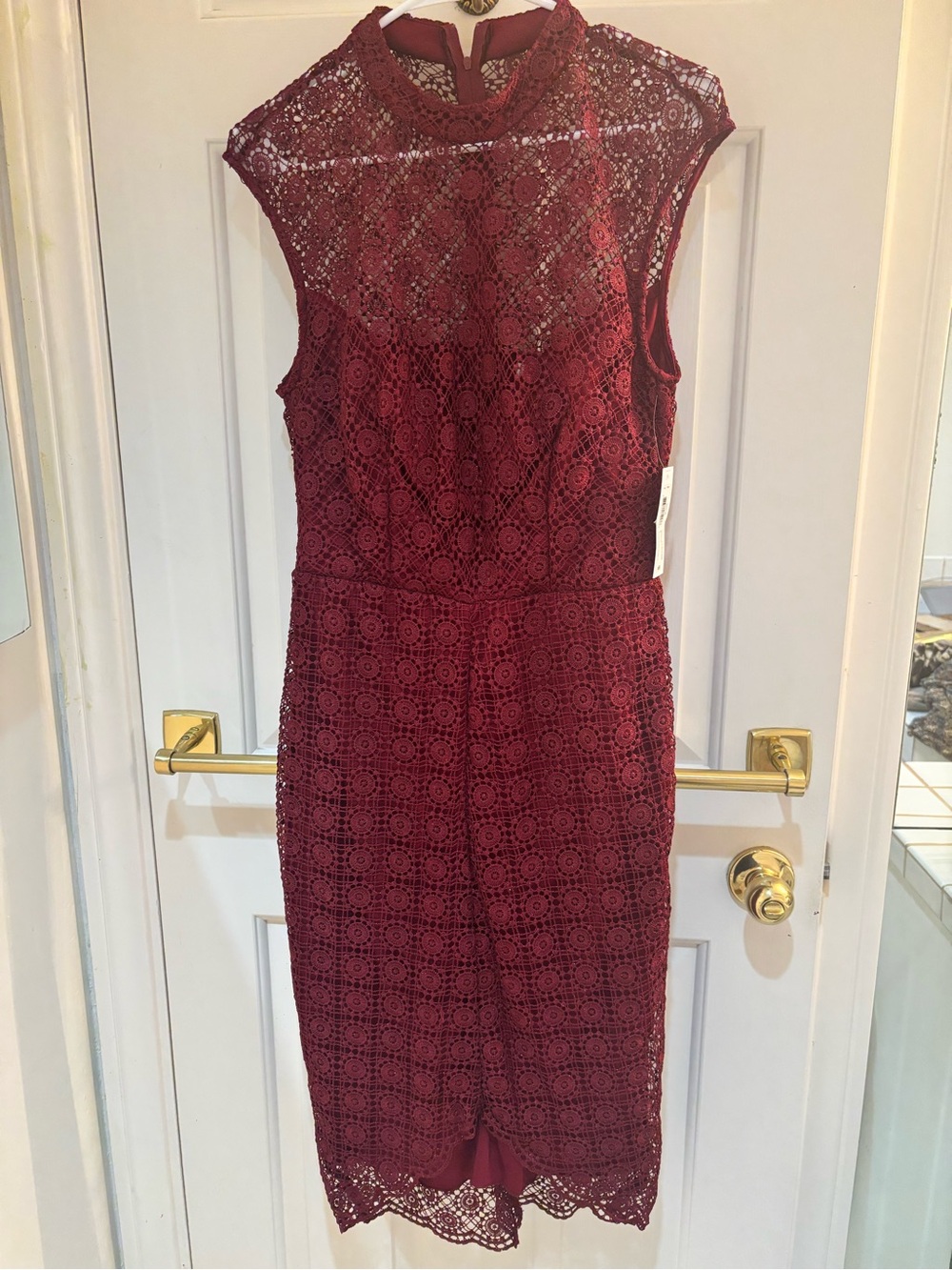 Bisou Bisou Burgundy Lace Sheath Dress - Sleeveless High Neck